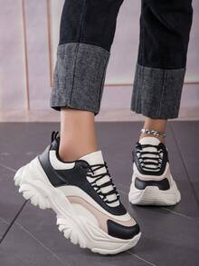 New Arrival Black Color Height Increasing Casual Sports Shoes For Spring And Autumn, Soft And Comfortable To Wear, Lace-up Chunky Shoes - Black - View 6