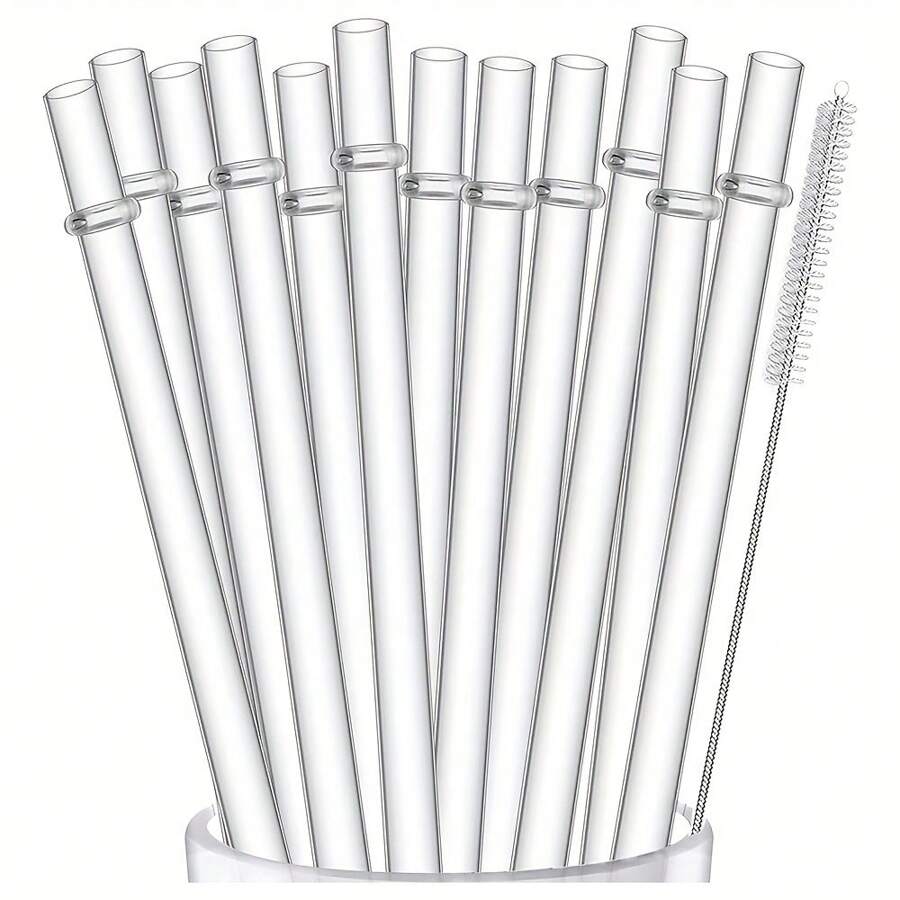 12 قصبة وفرشاة واحدة، قصبات شرب بلاستيكية قابلة لإعادة الاستخدام بطول 23 سم للعصائر والمطبخ، هدية عيد الميلاد - شفاف - مشاهدة 1