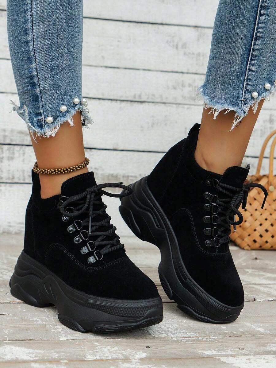 Của phụ nữ Giải trí Giày thể thao Với Bên trong Tăng cao Và Dày , Phong cách mới Đối với Mùa thu Và Mùa Đông , , / chất liệu da PU / Polyurethane , Chóp giầy tròn , Lace-up , Mềm mại Và Chống trượt Đế - màu đen - Xem 1