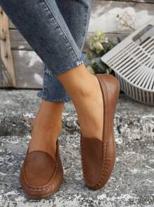 女士拼接设计柔软轻便平底乐福鞋，低鞋面超软棕色 PU 休闲鞋，春/秋 - 棕色 - 查看 2