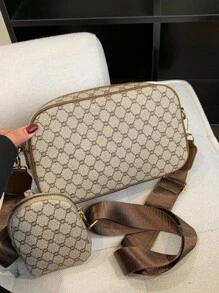 Fashionable Patterned Crossbody Bag With Small Bag - Grey - View 3