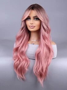 Ombre Blonde Wigs with Bangs Long Blonde Wig for Women Long Wavy Blonde Ombre Wigs Synthetic Heat Resistant Fiber Wigs for Daily 26 Inch - Baby Pink - View 3
