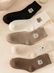 1/3/5双装可爱小熊保暖中筒袜，女士秋冬款 - 彩色 - 查看 4