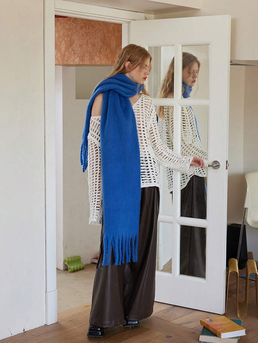 1pc Thick Fashionable Elegant Solid Color Tassel Scarf For Neck Warmth Casual - Royal Blue - View 1