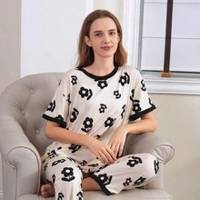 3入組/套女性簡約風條紋圖案蝴蝶結真絲家居服套裝,完美適用於日常家庭穿戴 - 米色 - 查看 2