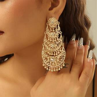 1 Pair Elegant Long Tassel Hollow Star & Moon Dangle Earrings, Arabian Style Bridal Jewelry For Women Wedding Party Date Gift