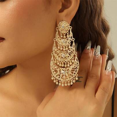 1 Pair Elegant Long Tassel Hollow Star & Moon Dangle Earrings, Arabian Style Bridal Jewelry For Women Wedding Party Date Gift