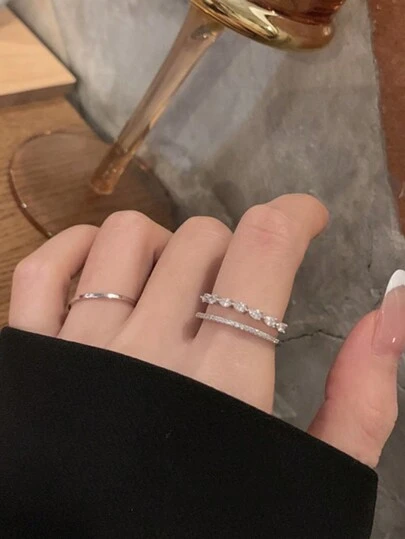 2 件套时尚双层水钻镶嵌开口戒指套装