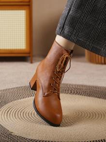 Của phụ nữ Retro Dày Gót chân Dây đeo chéo Màu thuần Giày bốt ngắn Với Gầy Nhung Đối với Mùa thu Và Mùa Đông - màu nâu - Xem 2