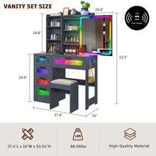 HNEBC RGB LED Vanity Desk With Mirror And Lights, Makeup Vanity Desk With 3-In-1 Charging Station, Vanity Set Including Stools Has Dazzling Lights, Makeup Dressing Table With 5 Drawers - Grey - View 2