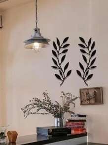 2 件裝金屬樹葉牆裝飾藤蔓橄欖枝牆藝術鐵捲床上方、客廳、戶外裝飾(黑色)