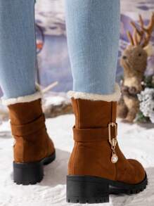 女士冬季雪地靴厚底冬鞋保暖内衬防滑粗跟中筒绒面拉链毛皮靴 - 棕色 - 查看 2