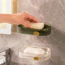 1入組具有排水口的雙層塑料肥皂盤,橙色豪華橢圓形狀,無痕壁掛式浴室肥皂架