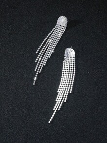 1 對女式全鑽石裝飾長流蘇耳環,閃亮時尚派對新娘配件