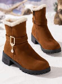 女士冬季雪地靴厚底冬鞋保暖内衬防滑粗跟中筒绒面拉链毛皮靴 - 棕色 - 查看 5