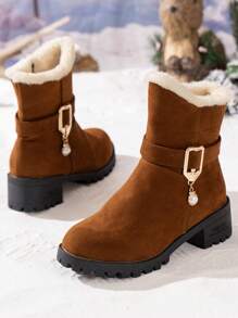女士冬季雪地靴厚底冬鞋保暖内衬防滑粗跟中筒绒面拉链毛皮靴 - 棕色 - 查看 4