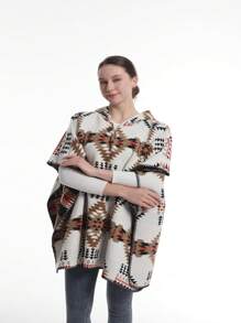 1 件女式秋冬南美風格提花披肩斗篷,均碼 - 白色 - 查看 3