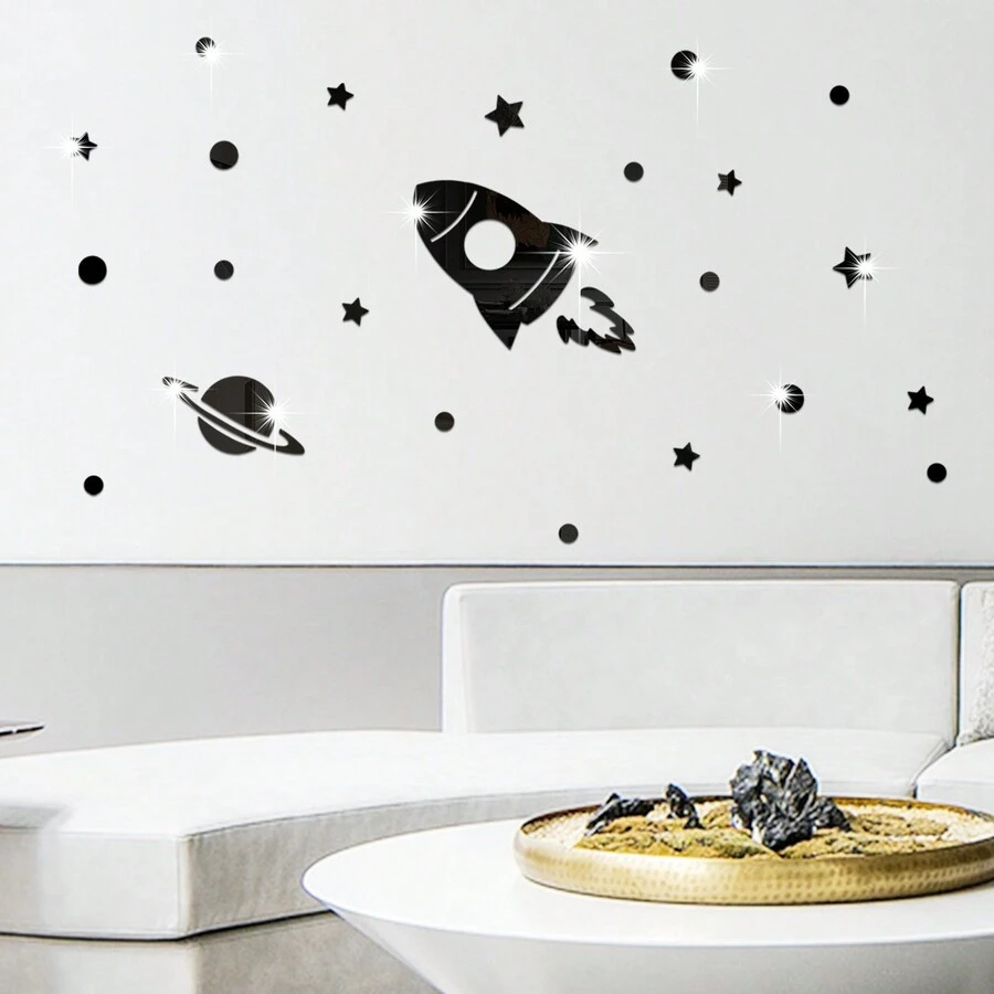 24入組火箭形鏡子牆貼,創意家居裝飾,適用於客廳、臥室背景牆