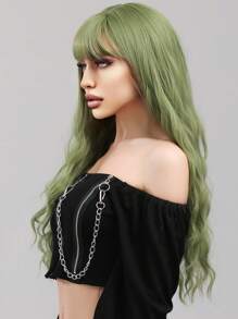 Water Wave Wigs With Bangs Green Color 28 Inch Heat Resistant Fiber Long Wavy Deep Wave Synthetic Wigs For Women Party Daily Used - Green - View 4