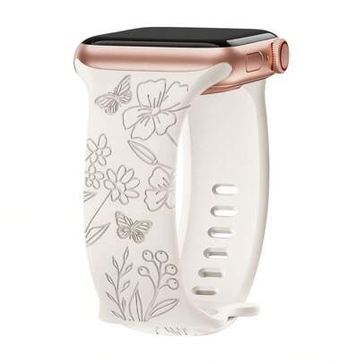 Floral Engraved Sport Bands Compatible With Apple Watch Band 44mm 40mm 38mm 41mm 45mm 46mm 49mm 42mm Women,Starlight Sand Soft Silicone Cute Flower Pattern Sport Strap For Bands Series Ultra 2 SE 11 10 9 8 7 6 5 4 3 2 1 As A Gift For Students Returning To School Valentines