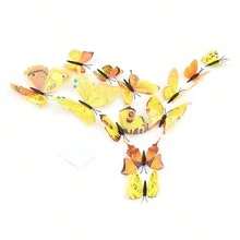 12pcs Yellow 3d Butterfly Wall Sticker Realistic Decorative Double-sided Adhesive Prop For Home Decor In Living Room, Bedroom - Yellow - View 3