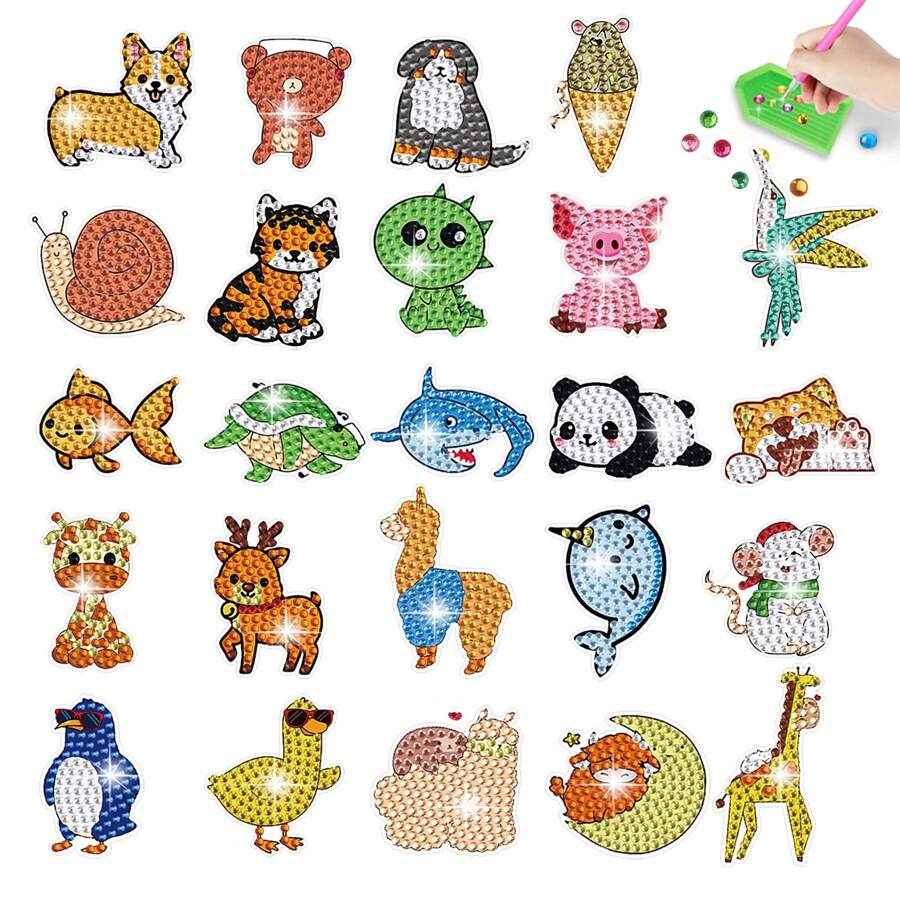 24入組可愛動物主題熊貓、企鵝、狗和柯基形狀的鑽石藝術貼紙,適用於手機殼、文具、背包、聖誕節、萬聖節和兒童節慶