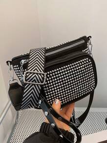 1pc Solid Color Zipper Closure Multi Pocket Decorated Rhinestones Fashion Punk Women's Chest Bag/shoulder Bag - Silver - View 1