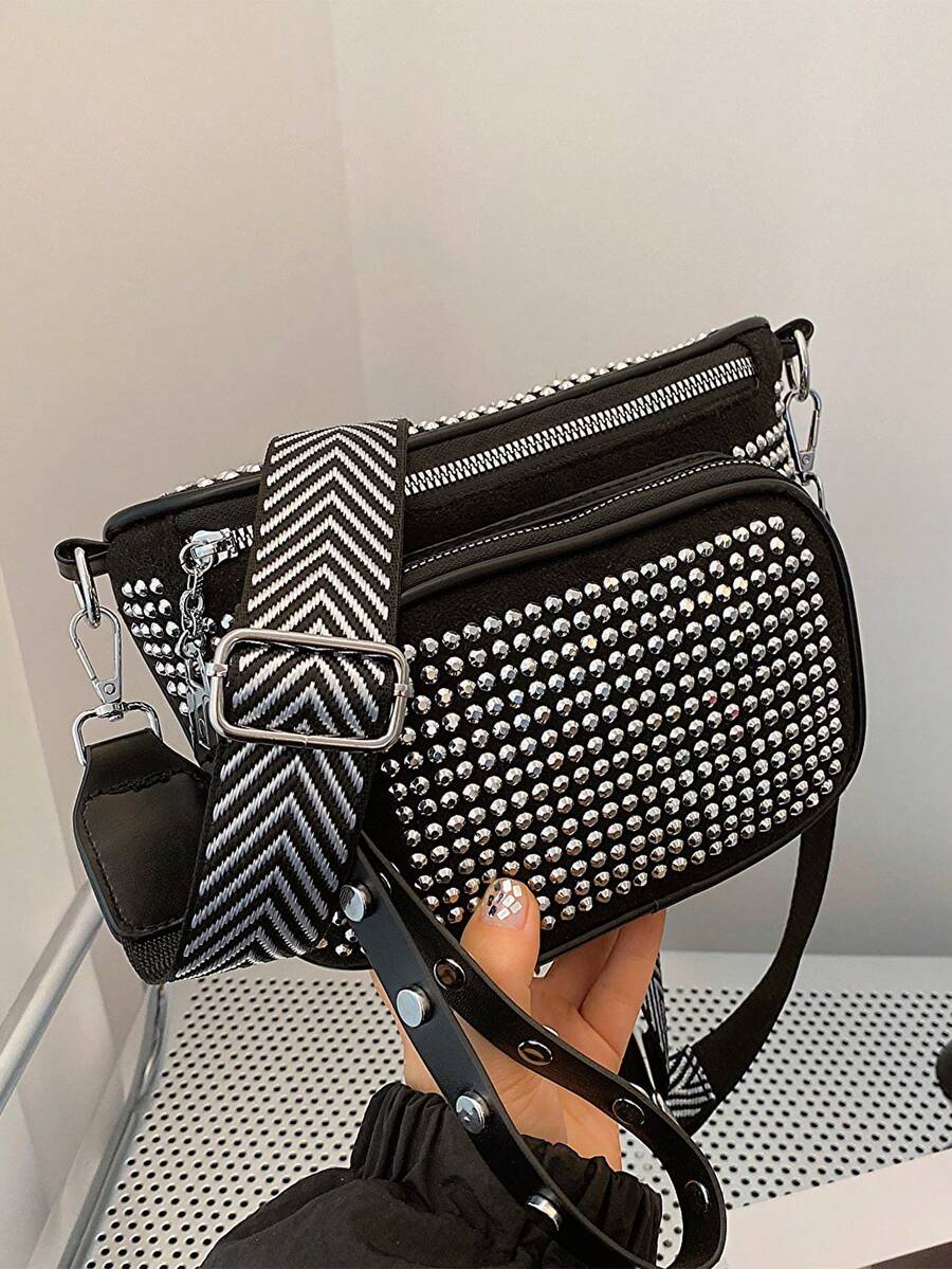 1pc Solid Color Zipper Closure Multi Pocket Decorated Rhinestones Fashion Punk Women's Chest Bag/shoulder Bag - Silver - View 1