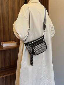 1pc Solid Color Zipper Closure Multi Pocket Decorated Rhinestones Fashion Punk Women's Chest Bag/shoulder Bag - Silver - View 5