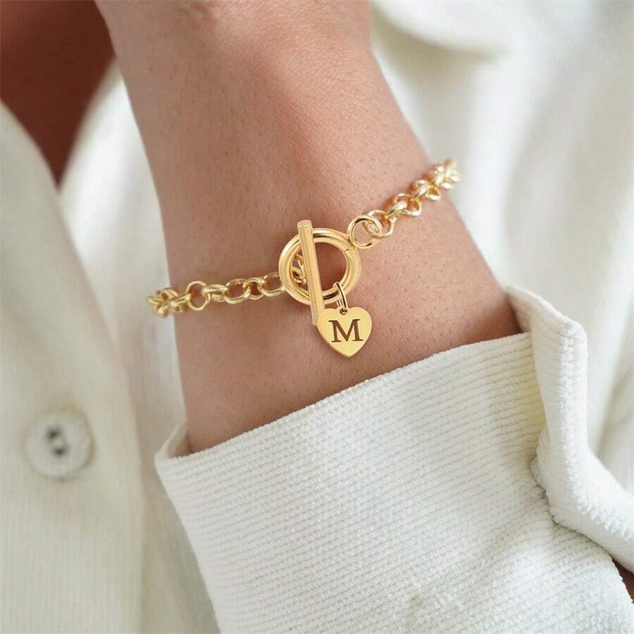 1條全新經典不鏽鋼字母切換扣鍊手鍊女士款 - 金黃色 - 查看 1