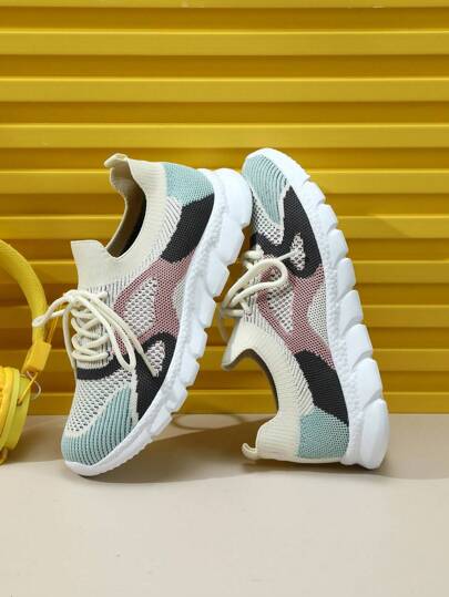 Lightweight Fashionable Running Shoes With Elasticity And Strap For Casual & Sports, Beige/Multicolor