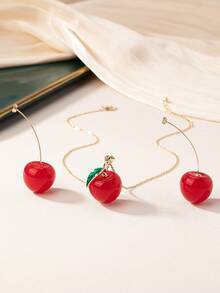 Lindos Aretes Y Collar Con Decoración De Cerezas - Rojo - Ver 12