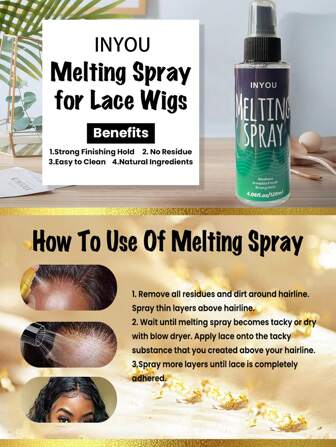 Spetssmältande spray och holdingspray, smältande spray med extrem stadga för spetsaruker, limfri, stark naturlig finishing håll, torkar snabbt, peruksmältande spray och hårlim för peruker, julklappar