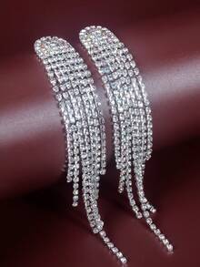 1 對女式全鑽石裝飾長流蘇耳環,閃亮時尚派對新娘配件