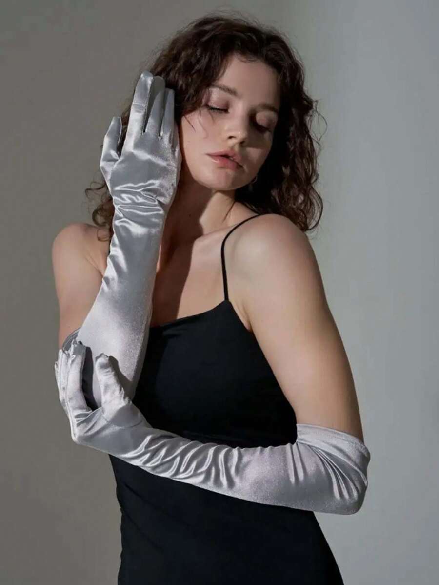 女士新穎手套,婚禮手套,歌劇萬聖節服裝派對手套,晚禮服手套 - 銀色 - 查看 1
