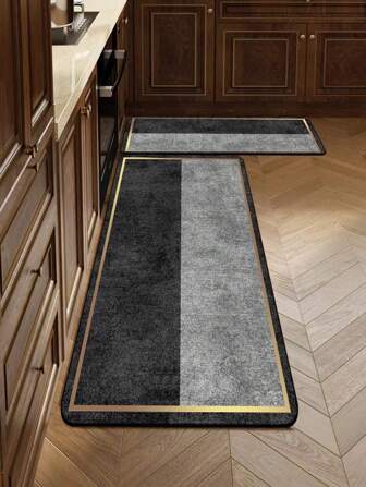 1st Grå & Svart & Guld Border Kombination Mönster Köksmatta Med Lätt Lyx, Moderiktig Stil, Dämpning, Anti-trötthet, Vattenabsorberande, Snabbtorkande, Anti-Slip. Enkel Diatom Mud Mjuk gummimatta. Lämplig för kök, badrum, entrédörr, tvättstuga och andra ställen, rumsinredning