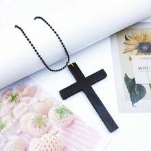 1pc Wooden Cross Pendant Long Sweater Chain Necklace Unisex Simple Design Independent Packaging - Black - View 1