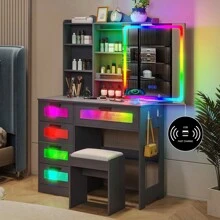 HNEBC RGB LED Vanity Desk With Mirror And Lights, Makeup Vanity Desk With 3-In-1 Charging Station, Vanity Set Including Stools Has Dazzling Lights, Makeup Dressing Table With 5 Drawers - Grey - View 3