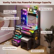 HNEBC RGB LED Vanity Desk With Mirror And Lights, Makeup Vanity Desk With 3-In-1 Charging Station, Vanity Set Including Stools Has Dazzling Lights, Makeup Dressing Table With 5 Drawers - Grey - View 5