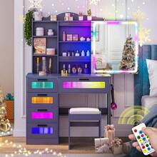 HNEBC RGB LED Vanity Desk With Mirror And Lights, Makeup Vanity Desk With 3-In-1 Charging Station, Vanity Set Including Stools Has Dazzling Lights, Makeup Dressing Table With 5 Drawers - Grey - View 1