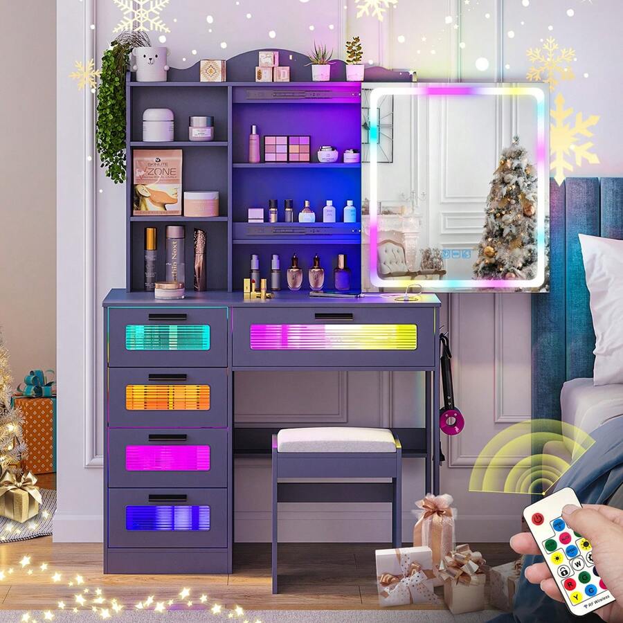 HNEBC RGB LED Vanity Desk With Mirror And Lights, Makeup Vanity Desk With 3-In-1 Charging Station, Vanity Set Including Stools Has Dazzling Lights, Makeup Dressing Table With 5 Drawers - Grey - View 1