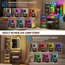 HNEBC RGB LED Vanity Desk With Mirror And Lights, Makeup Vanity Desk With 3-In-1 Charging Station, Vanity Set Including Stools Has Dazzling Lights, Makeup Dressing Table With 5 Drawers - Grey - View 7