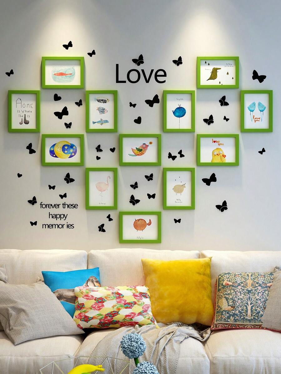 Khung ảnh treo tường trang trí nhà sáng tạo, 12 chiếc 5" 6" 7" 8" 10" Đen trắng, Trang trí phòng ngủ, Bộ quà tặng Ngày của Mẹ kèm Thẻ ảnh ngẫu nhiên & Nhãn dán hình bướm cho đám cưới - màu xanh lá - Xem 1