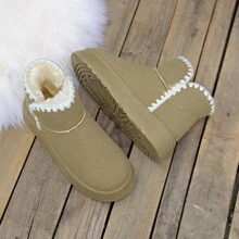 女性加厚絨毛皮革平底鞋冬季雪地靴 - 卡其色 - 查看 3