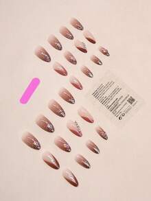 24 件裝長杏仁形法式設計銀邊凝膠美甲套件,含果凍凝膠和指甲銼 - 彩色 - 查看 2