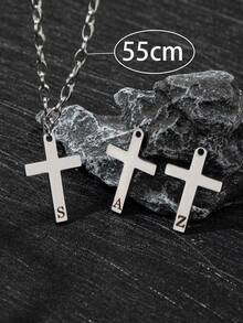 1pc Fashionable & Minimalist Street Style Stainless Steel Cross Pendant Engraved With 26 Letters, You Can Customize The First Alphabet Of Your Name. Perfect For Streetwear And As A Gift For Your Boyfriend. - 銀色 - 查看 3