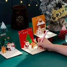 1pc Christmas Three-dimensional Greeting Card Set 3d Three-dimensional Christmas Handwritten Blessing Greeting Card Creative Christmas Gift Message Card Holiday Gift Card - Red - View 5