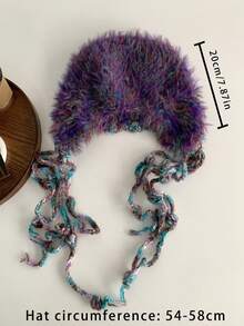 1頂手工流蘇毛球編織帽,女性款,秋冬季節,保暖耳保護,y2k風格怪獸和蝴蝶結細節,適合小臉型,街頭風格帶流蘇和辮子 - 紫色 - 查看 4