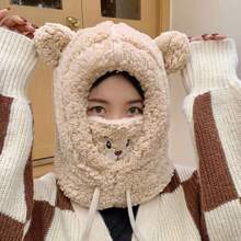 1件多功能毛茸茸的帽子,冬季口罩,帽子,圍巾一個套裝,可愛的小熊帽,毛絨加厚保暖帽子套裝,耳部保護雷鋒帽,騎行防風圍巾套裝,女性和女孩的戶外防寒帽子带口罩的圍巾 - 米色 - 查看 2