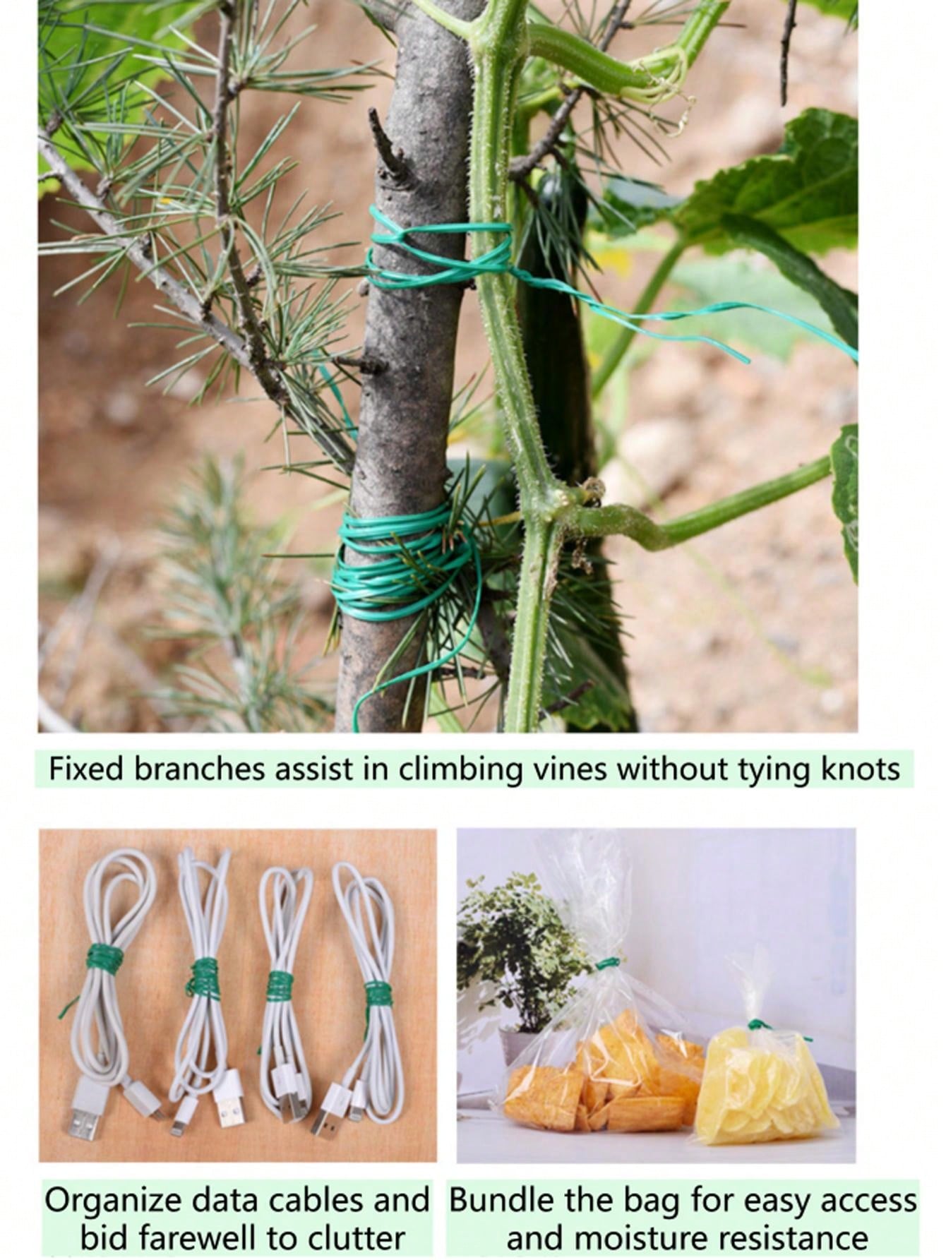 20m Green Plant Tie Tape Plastic Coated & Metal Wire Twist Tie For Gardening, Fixing Vines And